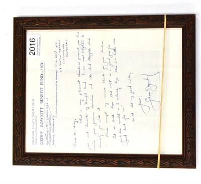 Lot 2016 - Geoff Boycott Signed Letter dated December 23rd 1974 from the Geoff Boycott Benefit Fund to Mr Wray