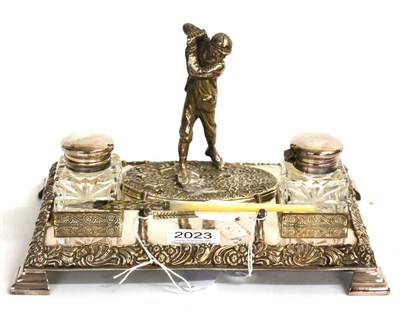 Lot 2023 - An Early 20th Century Silver Plated Golfing Desk Inkwell, comprising a figure of a golfer...