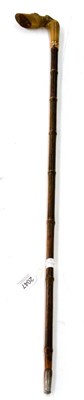 Lot 2047 - A Horn Handled Hoof Walking Stick, with bamboo shaft and gilt metal collar