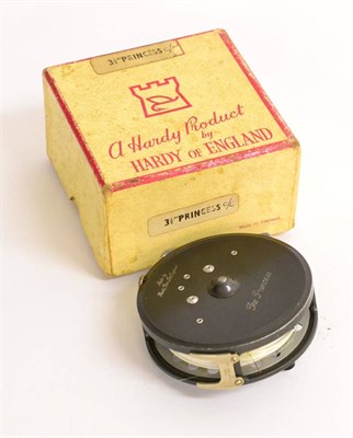 Lot 2086 - A Boxed Hardy 3 1/2inch Alloy 'The Princess' Fly Reel, with black handle on pierced drum, alloy...