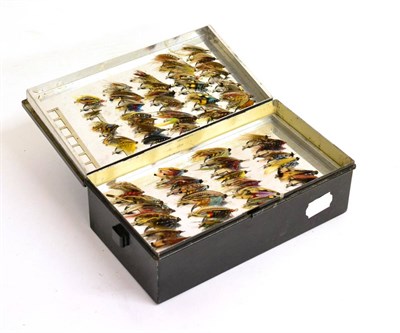 Lot 2090 - A C. Farlow & Co. Japanned Tin Fly Reservoir with Salmon Flies, containing six lift-out alloy trays