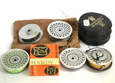 Lot 2112 - A Hardy 3 1/2inch Alloy 'Marquis' No.7 Multiplying Fly Reel, in zip case, with five spare spools