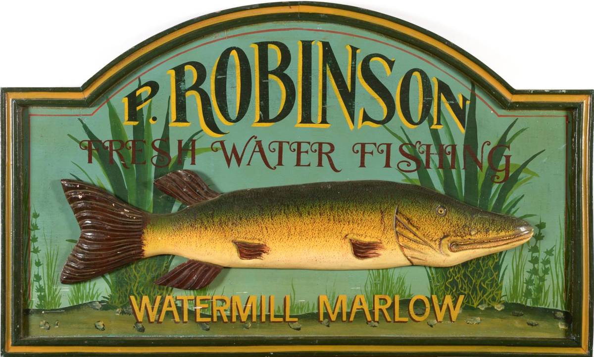 Lot 2140 - A Painted Wood Advertising Sign with Pike, inscribed 'P. Robinson Fresh Water Fishing...