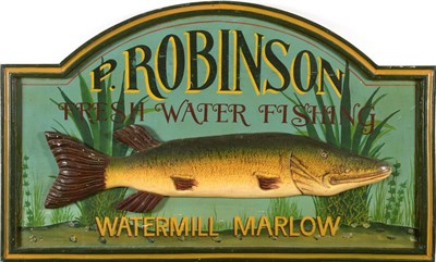 Lot 2140 - A Painted Wood Advertising Sign with Pike, inscribed 'P. Robinson Fresh Water Fishing...
