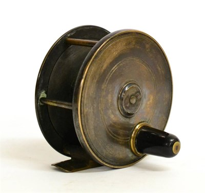 Lot 2144 - A Robertson of Glasgow 3 1/2inch Brass Fly Reel, with fat black handle, brass foot