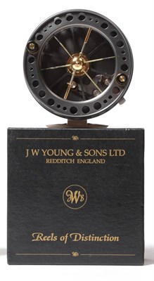 Lot 2151 - A Young's 4 1/2inch Alloy 'BJ 2080' Centrepin Reel, with grey enamel finish, zip case,...