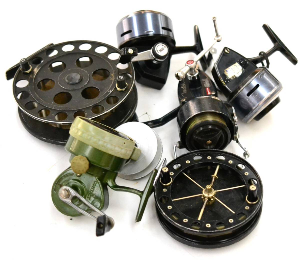 Lot 2211 - Six Fishing Reels, including a 4 1/2inch Allcock 'Match Aerial', ABU 507, Crack Contact 400,...