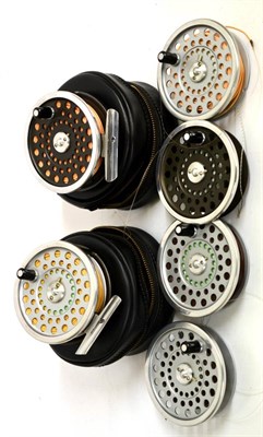 Lot 2241 - Two Hardy 3 1/2inch Alloy 'Marquis' No.7 Fly Reels, in zip cases, with four spare spools (very good