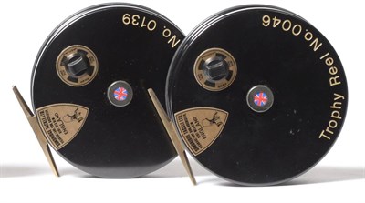 Lot 2256 - Two Sunridge 4 1/4inch 'Trophy' Centrepin Reels, numbered 0046 and 0139, with solid drums,...