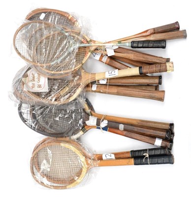 Lot 2007 - A Collection of Eighteen Tennis and Badminton Rackets, including Douglas of London, Mass & Co...