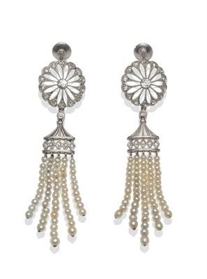 Lot 198 - A Pair of Early 20th Century Diamond and Seed Pearl Drop Earrings, an openwork diamond set...