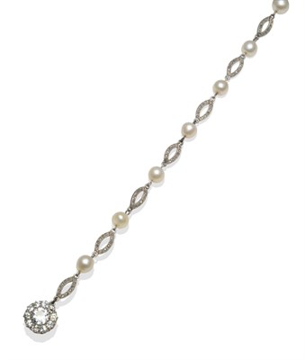 Lot 199 - An Early 20th Century Cultured Pearl and Diamond Bracelet, elongated loop links with rose cut...