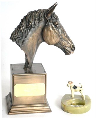 Lot 2036 - A Cold Painted Bronze Terrier Dog, and an onyx pin tray, together with a Doncaster Racecourse...