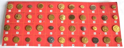 Lot 2046 - Forty Four Fox Hunt Buttons, mainly brass, all different, mounted and displayed on a piece of...