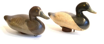 Lot 2057 - Two Painted Wood Decoy Ducks, male and female, with lead weighted bases and fastening rings, length