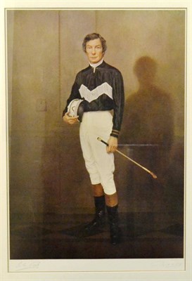 Lot 2058 - A Signed Limited Edition Print of Jockey Lester Piggott, by Raymond L Ship, number 227/850,...