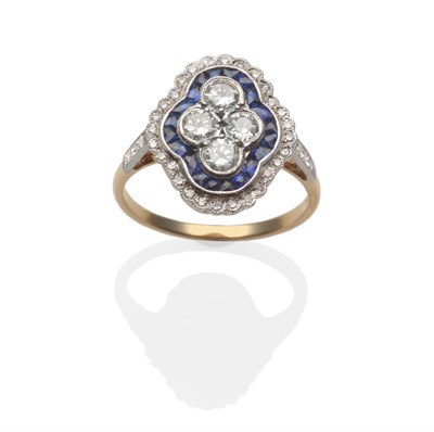 Lot 203 - An Art Deco Style Sapphire and Diamond Ring, four round brilliant cut diamonds within a border...