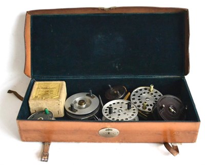 Lot 2086 - Seven Centrepin Reels, including a boxed Cookes 'Duracast', alloy, bakelite and wooden reels,...