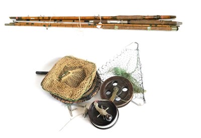 Lot 2106 - Mixed Tackle, comprising two split cane rods, a bamboo rod, two sea reels and landing nets