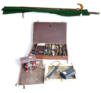 Lot 2108 - A Collection of Early Fishing Tackle, comprising a good quality 3pce greenheart rod with turned and