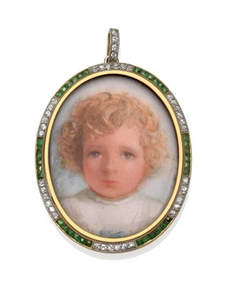 Lot 208 - An Early 20th Century Emerald and Diamond Miniature Pendant, the oval locket enclosing a...