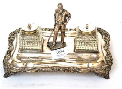 Lot 1034 - A Silver Plated W.G.Grace Cricket Desk Standish, with figure of Grace to centre, flanked by two...