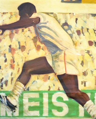 Lot 1043 - Donald Waite ";Pele";, in action, oil on canvas, signed, inscribed and dated 1970 to verso,...