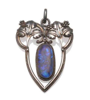 Lot 225 - An Arts and Crafts Pendant, depicting fruiting vines with an oval cabochon black opal suspended...