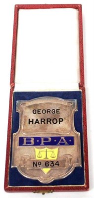 Lot 1073 - An Enamelled Silver Bookmaker's Badge, inscribed 'George Harrap B.P.A. No.634', hallmarks for...