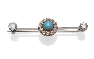 Lot 229 - An Early 20th Century Turquoise and Diamond Bar Brooch, a round cabochon turquoise within a...