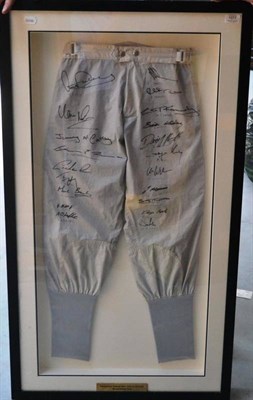 Lot 1077 - A Framed Pair of Signed National Hunt Jockey's Challenge Breeches, twenty signatures including A.P.