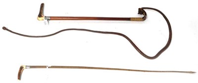 Lot 1083 - A Malacca Hunting Whip, with antler handle, plated collar chased and repousse with a fox's...