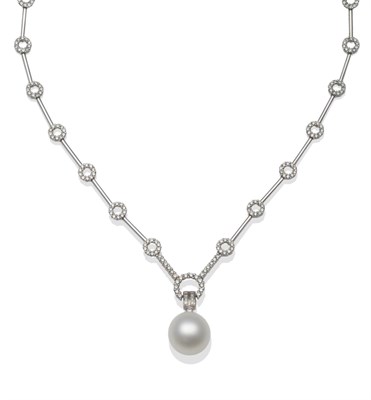 Lot 232 - A Diamond and Cultured South Sea Pearl Necklace, alternating bar and loop links set with round...