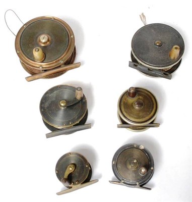 Lot 1112 - Six Reels, including a Carter & Sons 2 1/2in brass faced platewind reel, a 4in brass salmon...