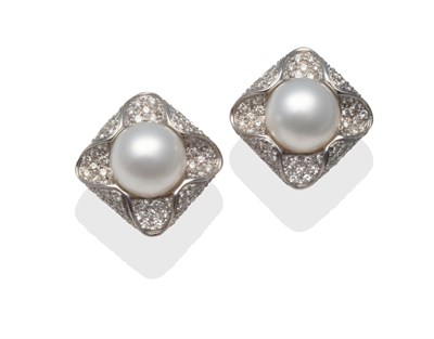 Lot 234 - A Pair of South Sea Cultured Pearl and Diamond Earrings, the cultured pearls set within a...