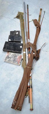 Lot 1131 - Mixed Tackle, including a Hardy rod, greenheart rod, two other rods, three tackle tins and a book