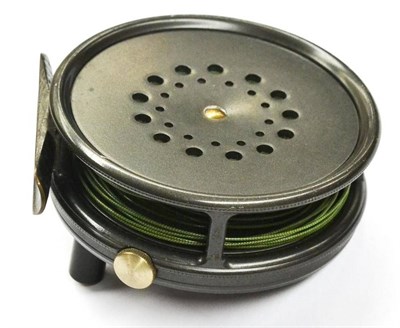 Lot 1138 - A Boxed Hardy 3 3/8in Alloy 'Perfect' Fly Reel, with slim black handle, notched brass foot,...