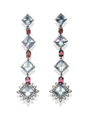 Lot 237 - A Pair of Aquamarine, Pink Tourmaline and Diamond Drop Earrings, cushion cut aquamarines...