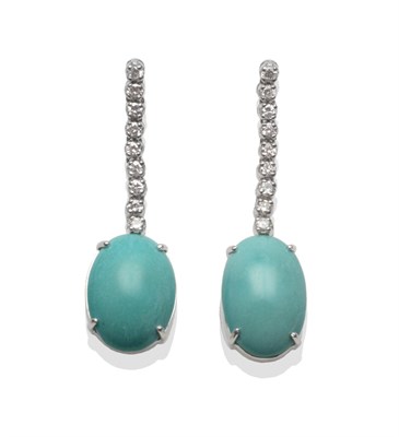 Lot 242 - A Pair of 18 Carat White Gold Diamond and Turquoise Drop Earrings, a row of round brilliant cut...