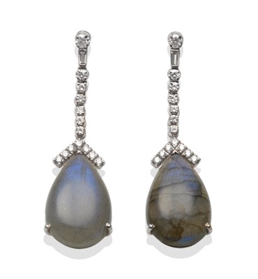 Lot 244 - A Pair of 18 Carat White Gold Labradorite and Diamond Drop Earrings, a row of round brilliant...