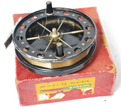 Lot 1219 - An Allcock's 4 1/2in Alloy 'Match Aerial' Reel, with spoked drum, alloy foot, plastic check button