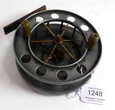 Lot 1248 - An Allcocks 4 1/2"; Alloy 'Aerial' Reel, with twin white handles on pierced drum, brass foot, brass