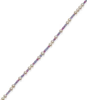 Lot 262 - A Cultured Pearl, Tanzanite and Pink Sapphire Necklace, the cultured pearls strung with faceted...
