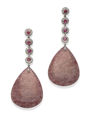 Lot 267 - A Pair of 18 Carat White Gold Ruby, Diamond and Quartz Drop Earrings, four ruby and diamond...