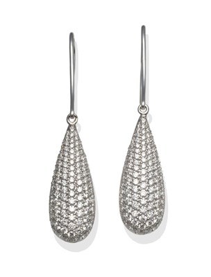 Lot 268 - A Pair of Diamond Drop Earrings, white wires suspend teardrop shapes, pavé set with round...