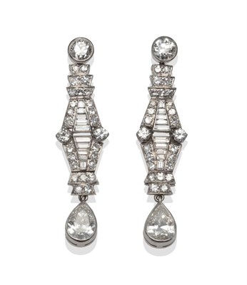 Lot 269 - A Pair of Art Deco Style Drop Earrings, a round brilliant cut diamond stud suspends a diamond...
