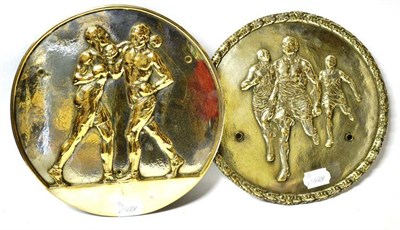 Lot 1001 - Two Silver Plated Brass Sporting Roundels, one featuring boxers, diameter 24cm, the other featuring