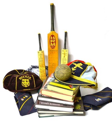 Lot 1013 - Sporting Memorabilia, including a signed Durham v Middlesex 1982 miniature cricket bat, two...