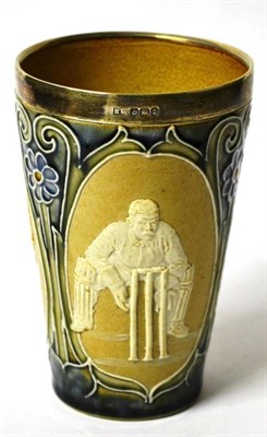 Lot 1019 - A Doulton Lambeth Stoneware Cricket Beaker, in Art Nouveau style, moulded in relief with figures of