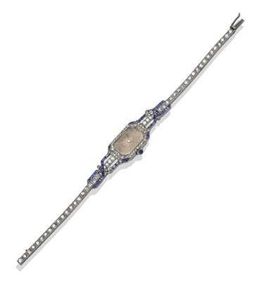 Lot 293 - A Lady's Art Deco Sapphire and Diamond Set Wristwatch, retailed by J.W.Benson, lever movement,...